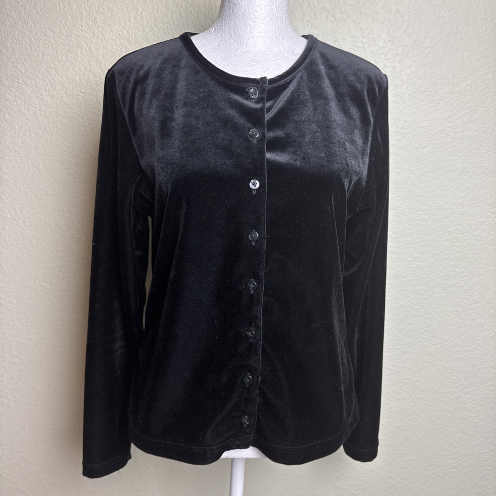 Le Belle Women L Black Velvet Cardigan Jacket Button Up Velour Long Sleeve Top
